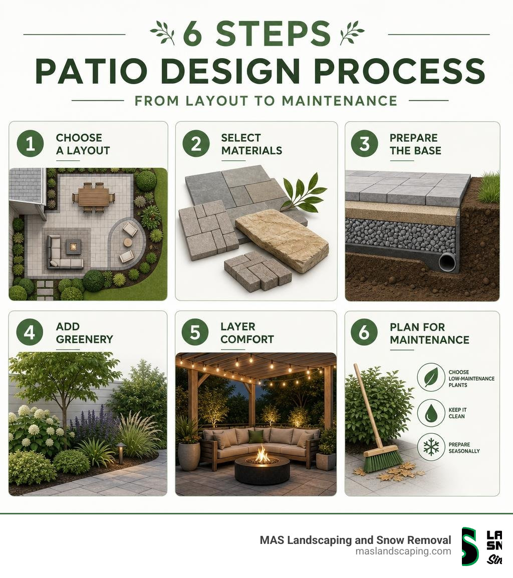 Infographic showing 6 steps of patio design process from layout to maintenance infographic Infographic showing 6 steps of patio design process from layout to maintenance infographic