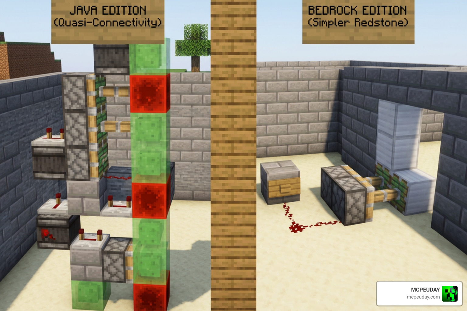 Redstone build comparison showing Java piston mechanics vs Bedrock piston mechanics