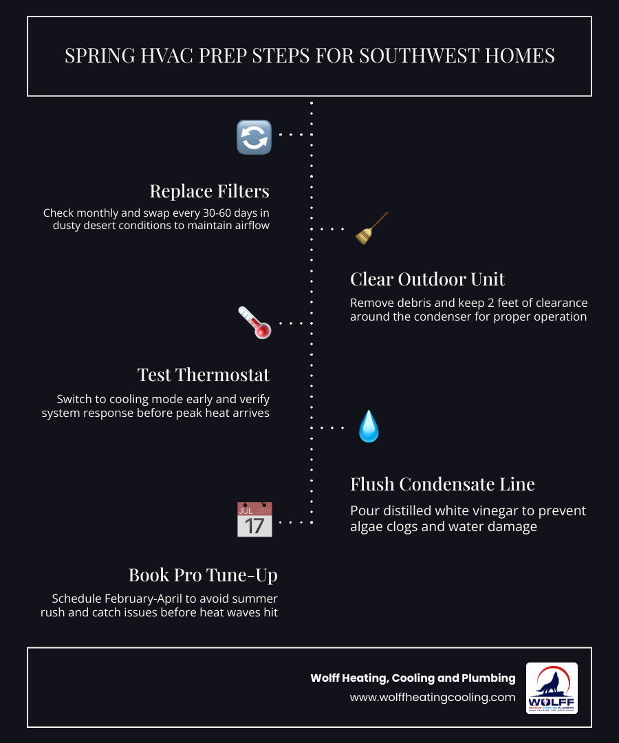 Spring HVAC maintenance checklist infographic for Southwest homeowners showing key steps and benefits infographic Spring HVAC maintenance checklist infographic for Southwest homeowners showing key steps and benefits infographic