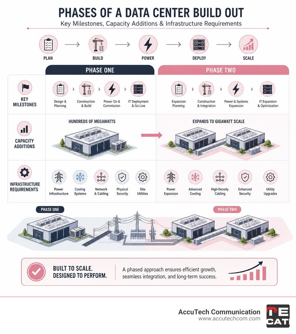 Phases of a data center build out: key milestones, capacity additions, and infrastructure requirements for phase one and two