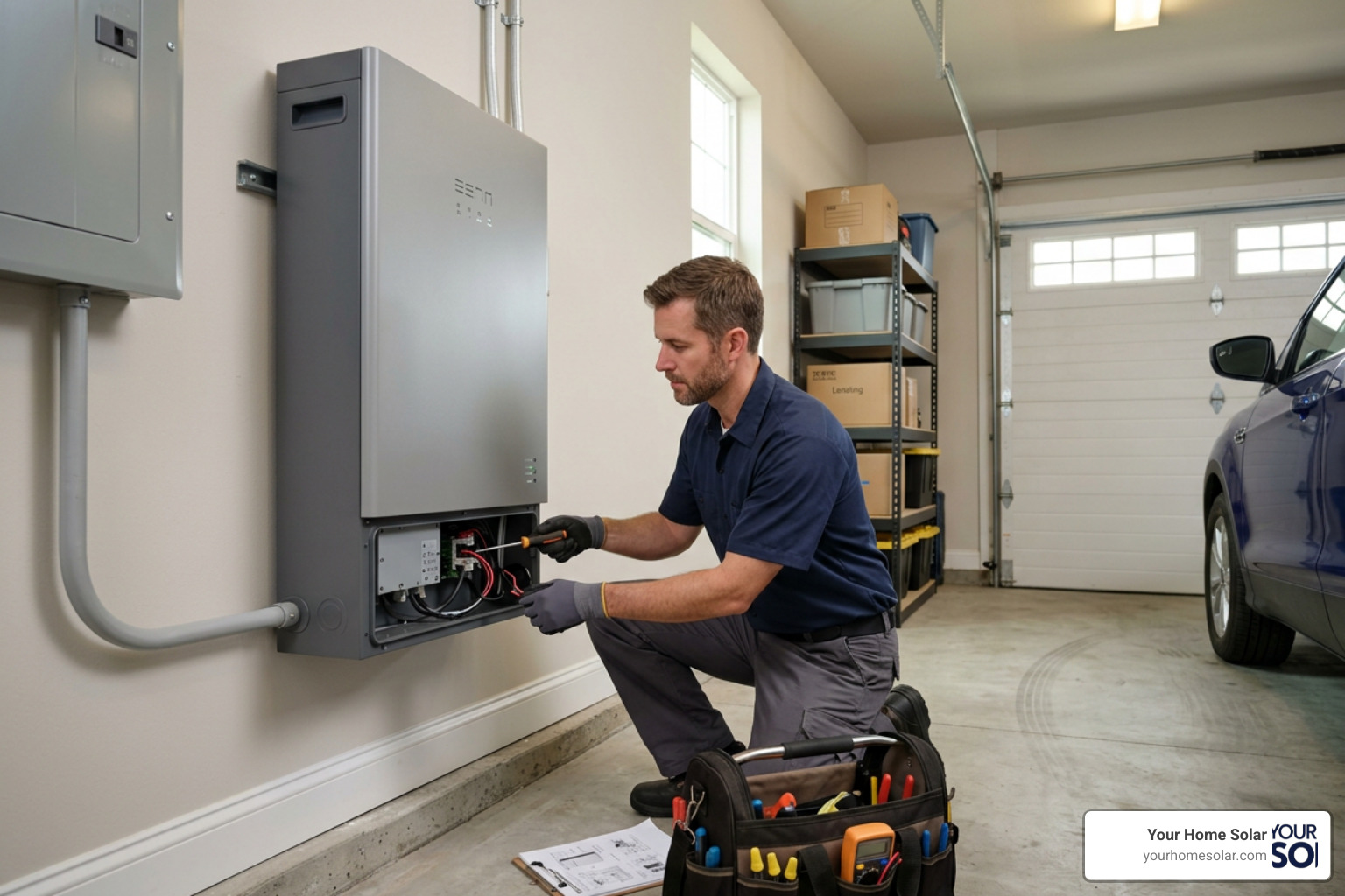 installing a modern home battery backup system on a garage wall installing a modern home battery backup system on a garage wall