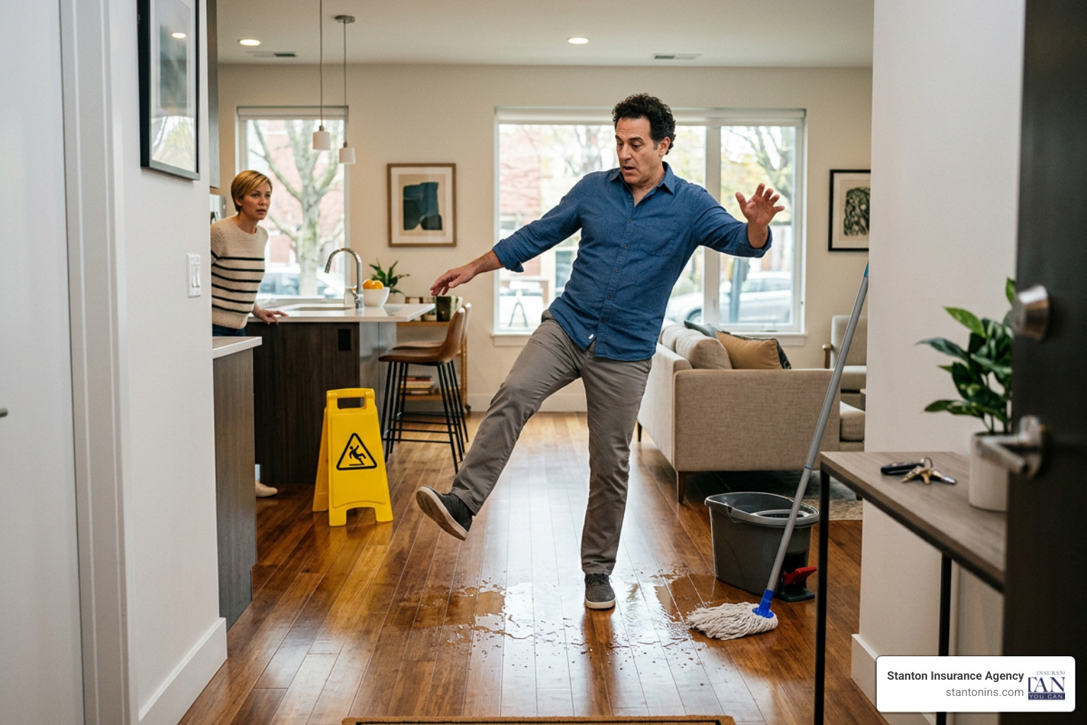 Guest slipping on a wet floor in a rental apartment