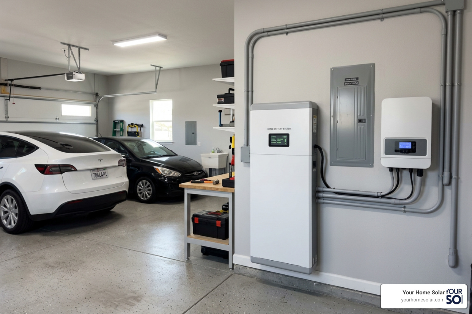 clean home battery backup system installed neatly in a modern home garage clean home battery backup system installed neatly in a modern home garage