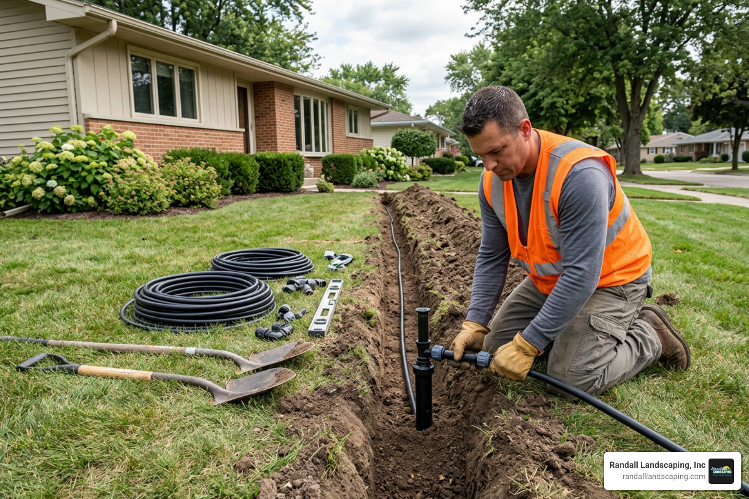 Professional technician installing underground irrigation pipes in a residential yard