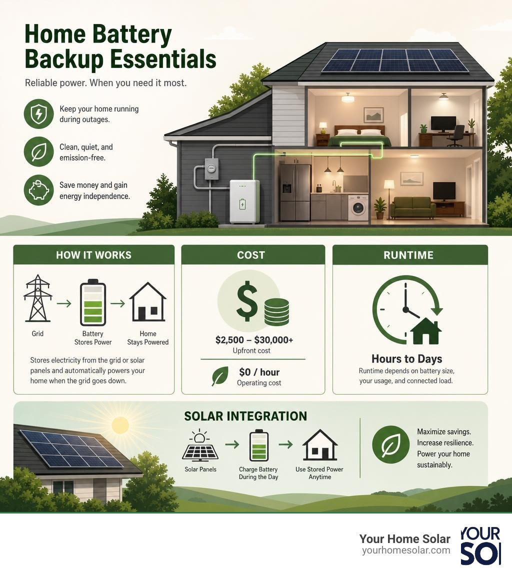 infographic showing how home battery backup works, costs, runtime, and solar integration infographic infographic showing how home battery backup works, costs, runtime, and solar integration infographic