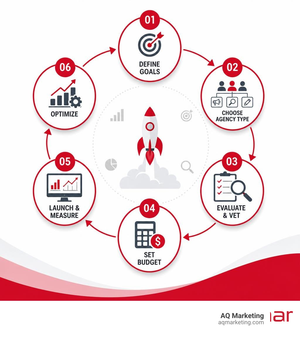Startup marketing lifecycle infographic: Define Goals → Choose Agency Type → Evaluate & Vet → Set Budget → Launch & Measure