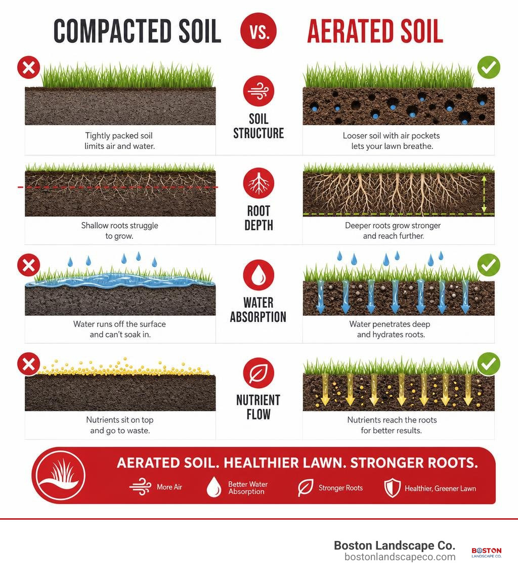 Infographic showing soil compaction vs. aerated soil, root depth, water absorption, and nutrient flow comparison infographic