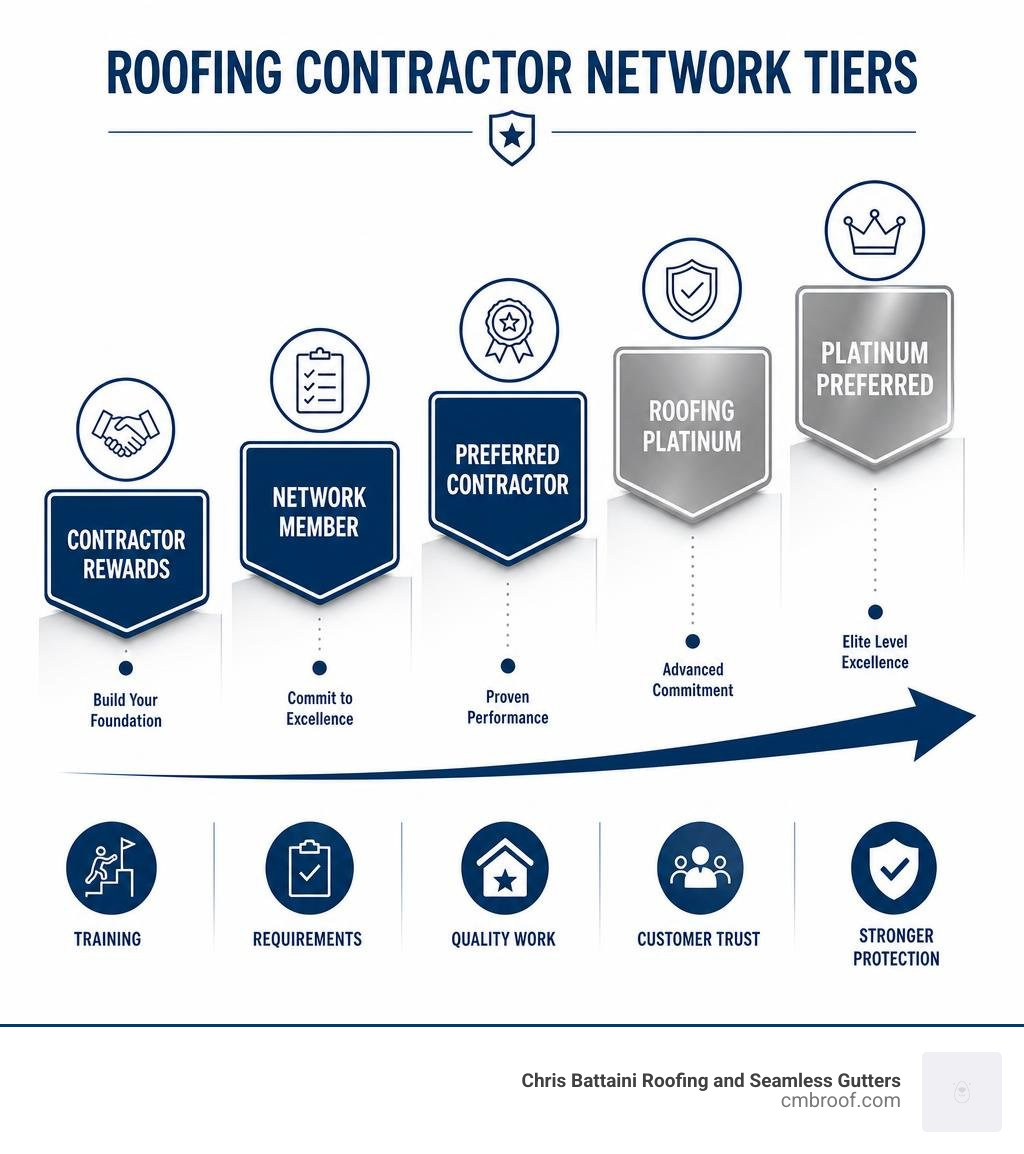 Infographic showing Owens Corning contractor network tiers from Contractor Rewards to Platinum Preferred infographic
