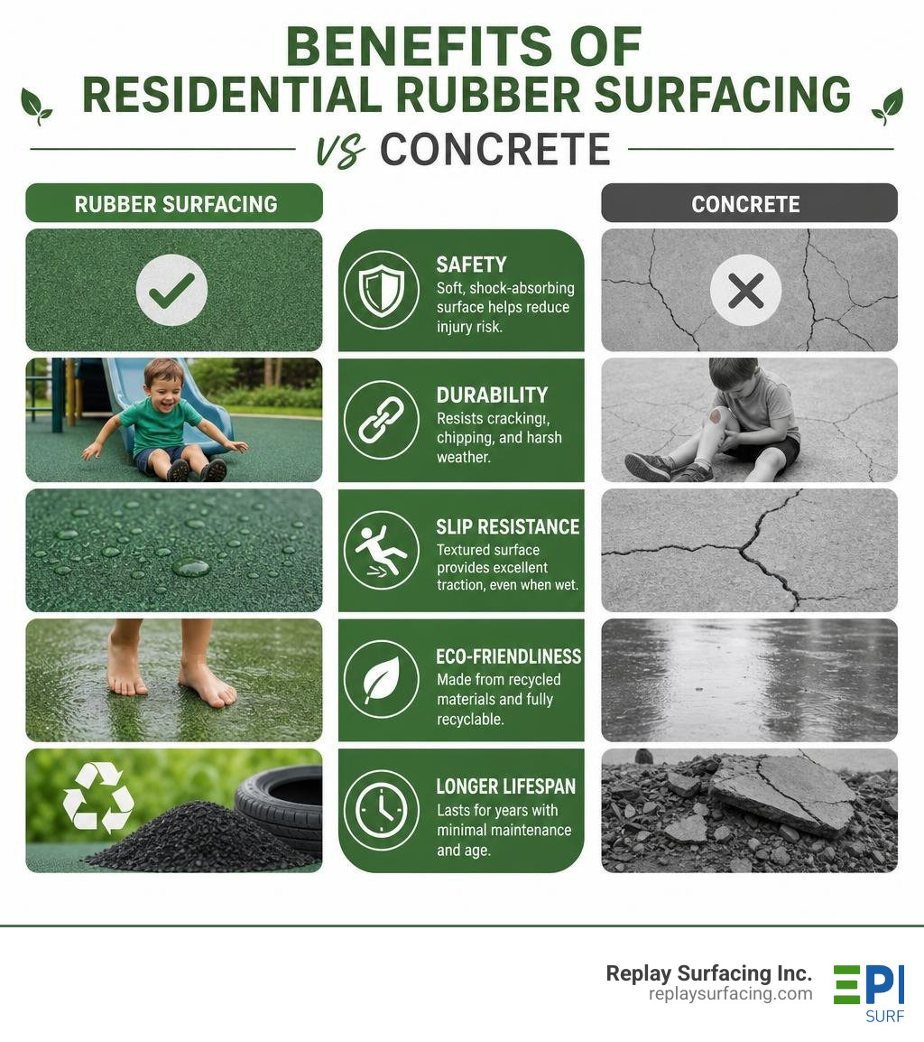 Benefits of residential rubber surfacing vs concrete: safety, durability, slip resistance, eco-friendliness, lifespan