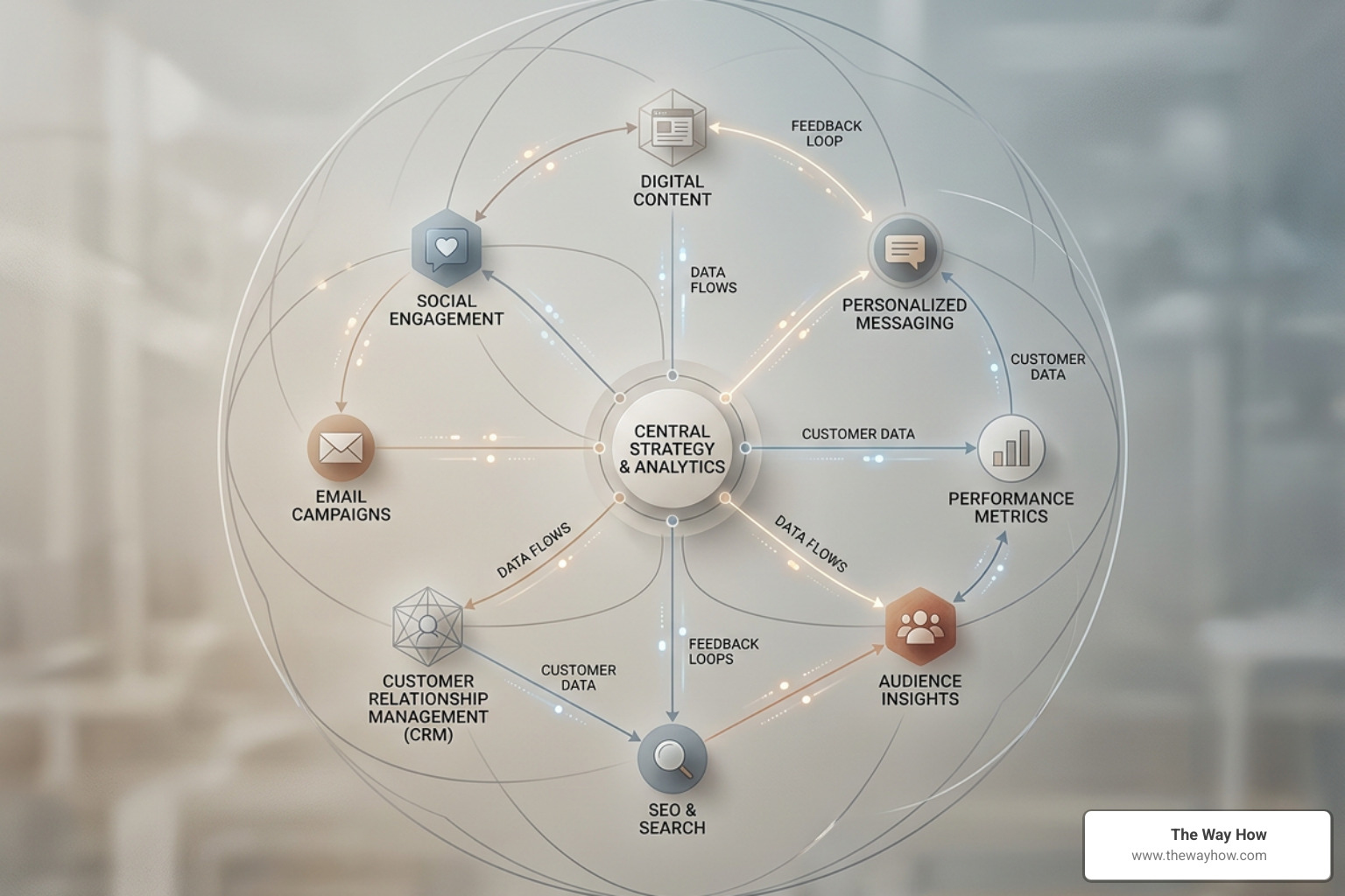 Abstract representation of an integrated modern marketing ecosystem Abstract representation of an integrated modern marketing ecosystem