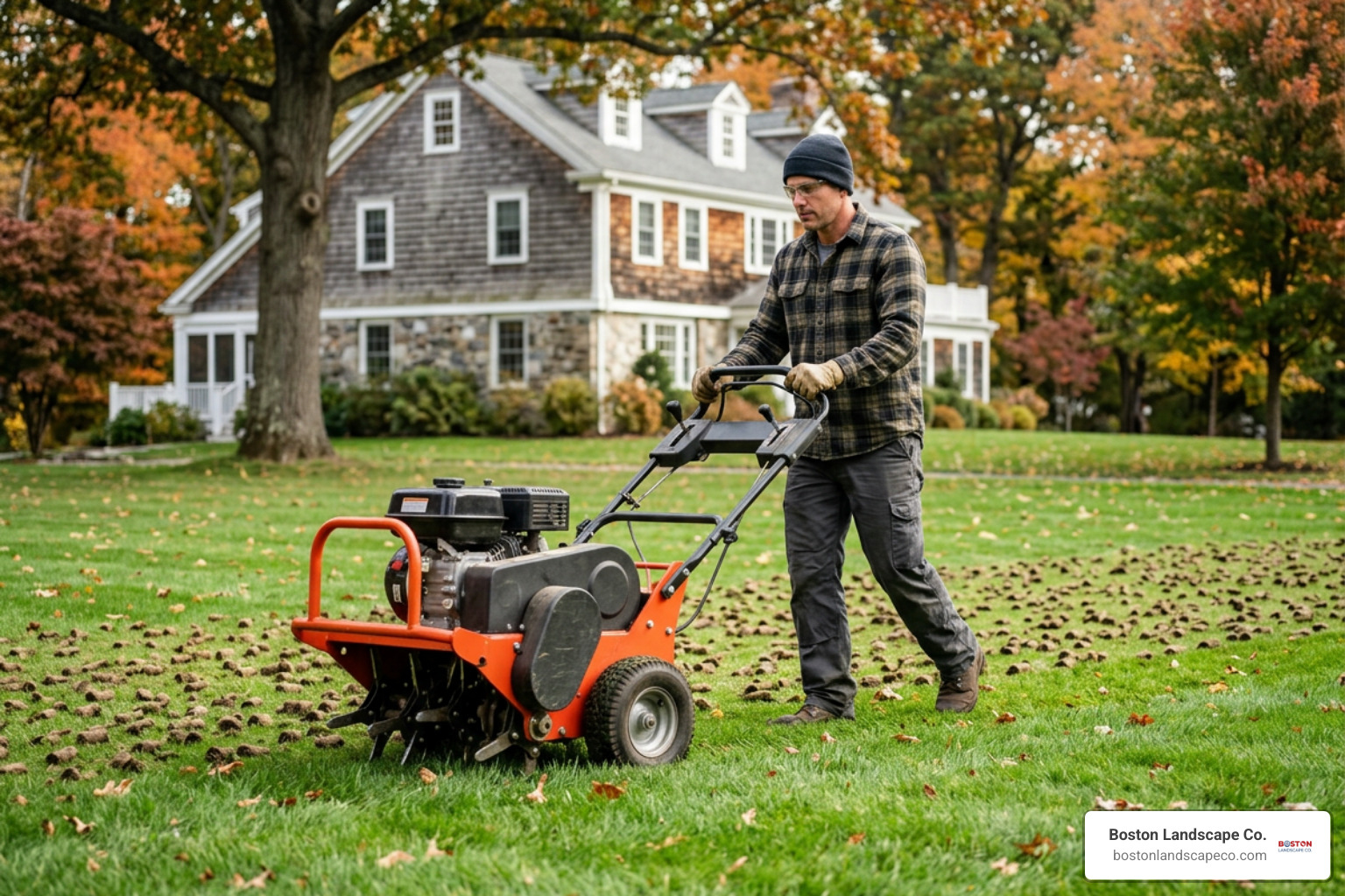 Commercial core aerator machine pulling deep soil plugs on a Massachusetts lawn