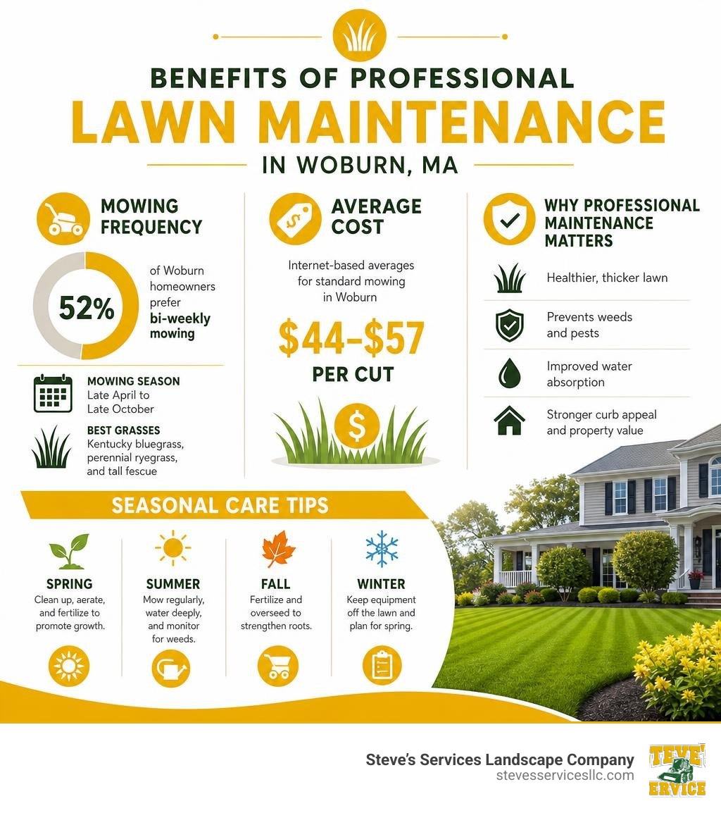 Benefits of professional lawn maintenance in Woburn MA infographic showing mowing frequency, average cost, and seasonal care Benefits of professional lawn maintenance in Woburn MA infographic showing mowing frequency, average cost, and seasonal care