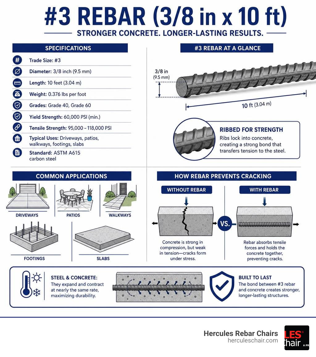 Infographic showing #3 rebar specs, applications, and how it reinforces concrete to prevent cracking infographic
