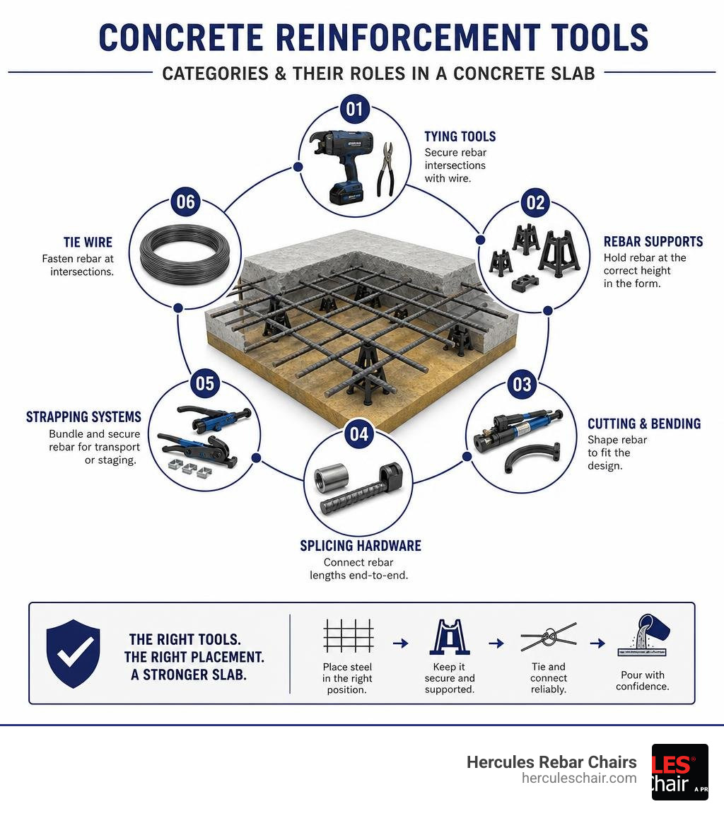 Infographic showing categories of concrete reinforcement tools and their roles in a concrete slab infographic Infographic showing categories of concrete reinforcement tools and their roles in a concrete slab infographic
