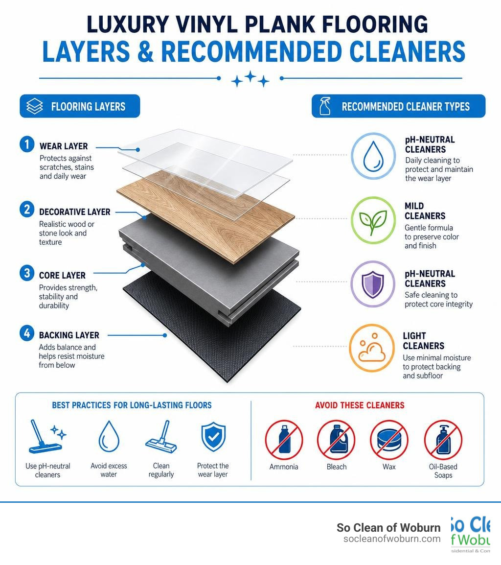 Infographic showing layers of luxury vinyl plank flooring and recommended cleaner types for each layer infographic Infographic showing layers of luxury vinyl plank flooring and recommended cleaner types for each layer infographic