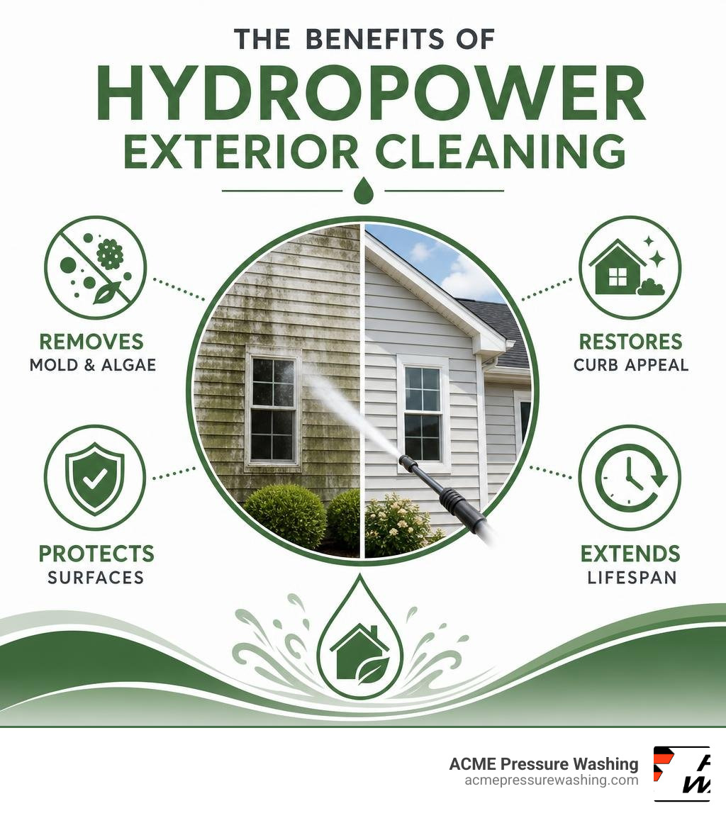 Infographic showing benefits of hydropower exterior cleaning: removes mold and algae, restores curb appeal, protects