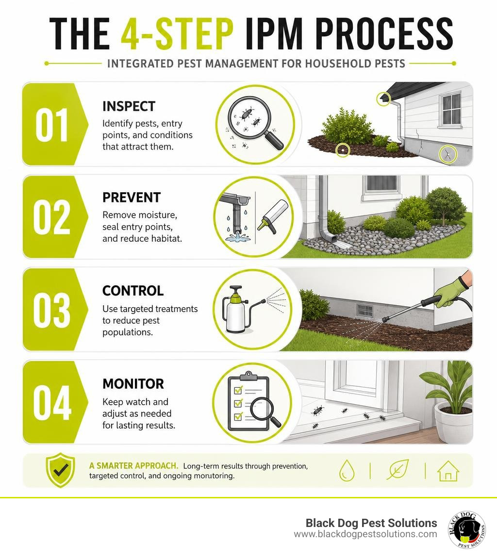 Infographic of the 4-step IPM process for managing household pests infographic Infographic of the 4-step IPM process for managing household pests infographic