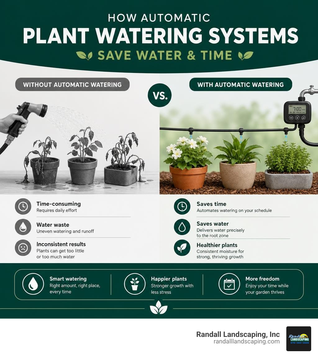 Infographic showing how automatic plant watering systems save water and time infographic