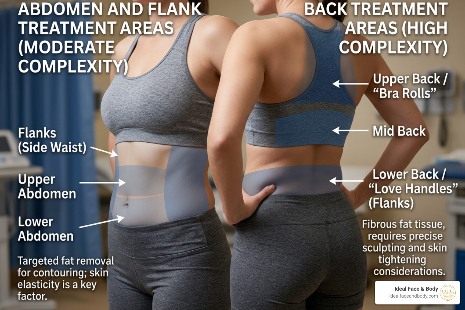 Body areas commonly treated with liposuction detailing sub-zones and complexity Body areas commonly treated with liposuction detailing sub-zones and complexity