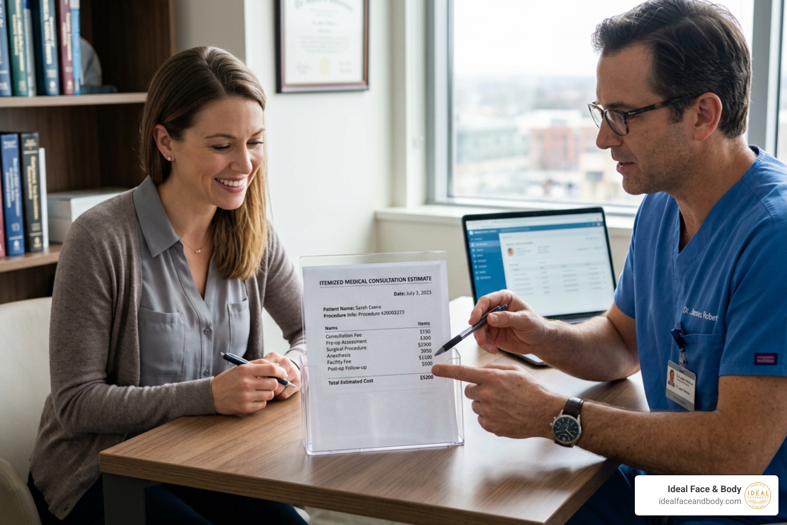 A patient and surgeon reviewing a transparent, itemized quote during a consultation A patient and surgeon reviewing a transparent, itemized quote during a consultation