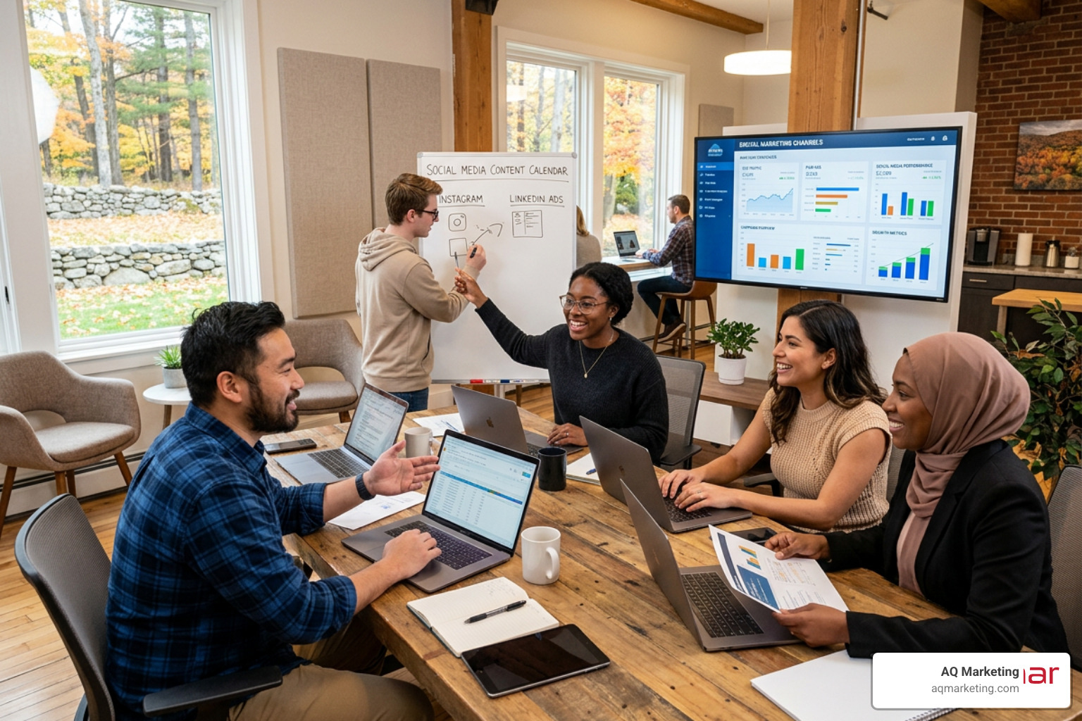 Boston-area startup team collaborating on digital marketing channels in a modern Woburn office