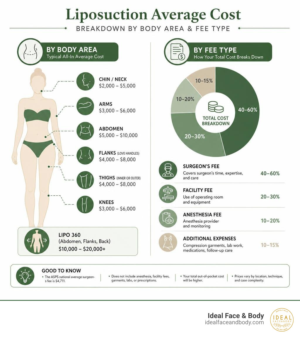 Infographic showing liposuction average cost breakdown by body area and fee type infographic Infographic showing liposuction average cost breakdown by body area and fee type infographic