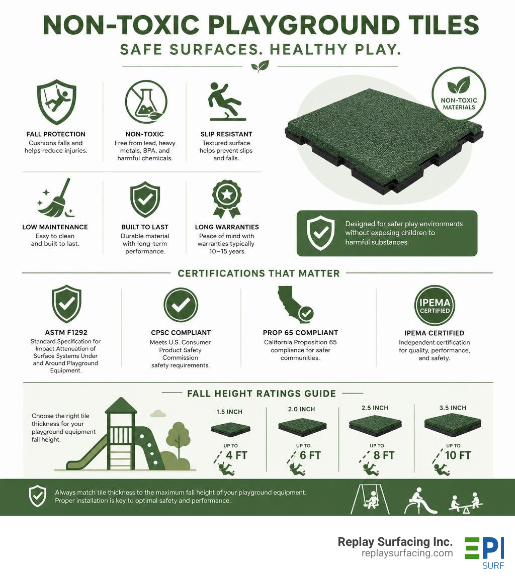 Infographic showing key facts about non-toxic playground tile safety standards, certifications, and fall height ratings Infographic showing key facts about non-toxic playground tile safety standards, certifications, and fall height ratings