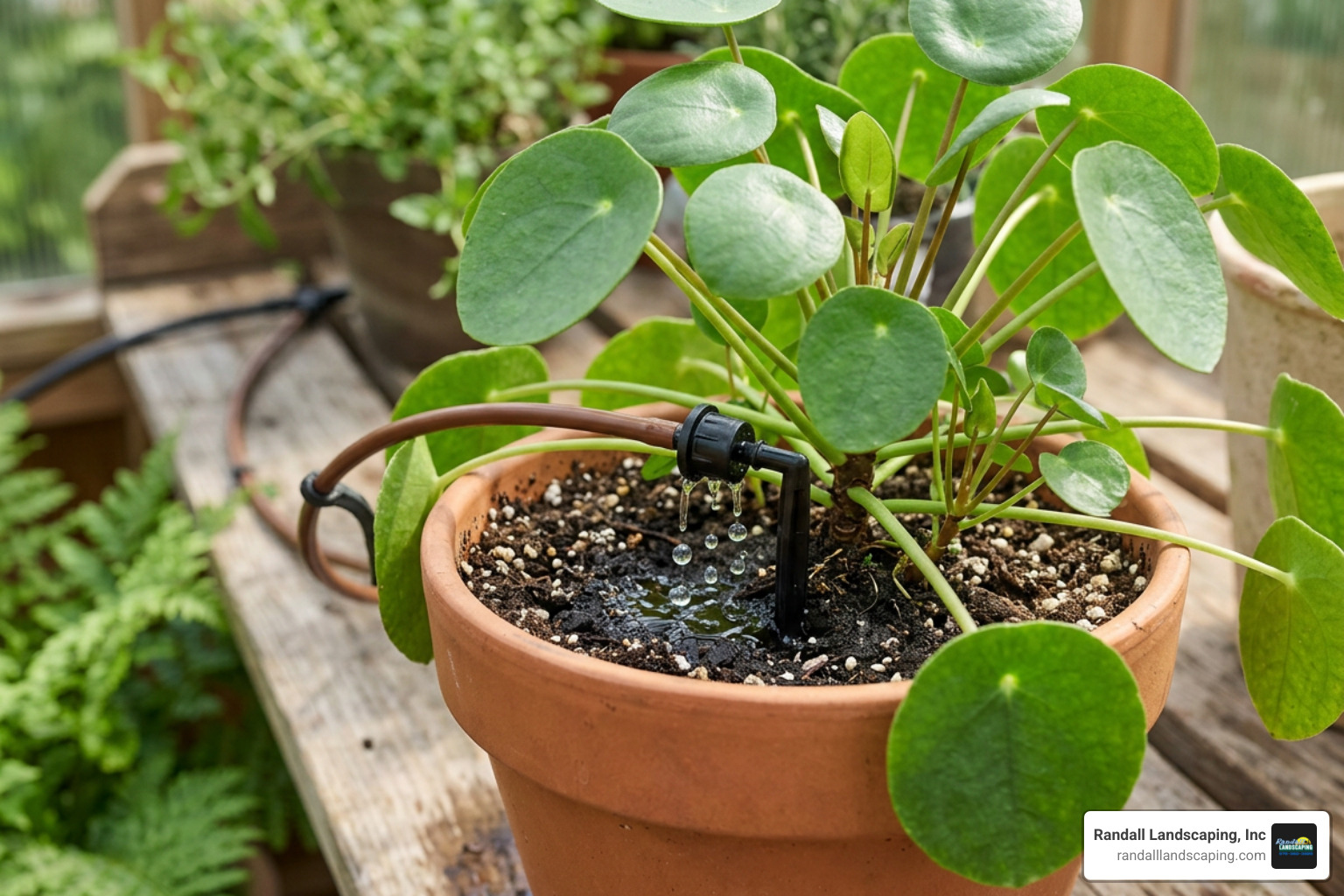 A drip emitter delivering precise water to a potted plant