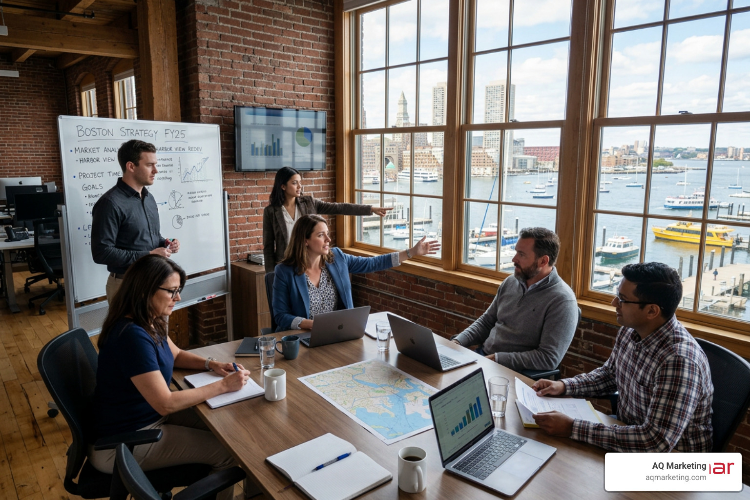 A business planning session in a brick-walled Boston office overlooking the harbor A business planning session in a brick-walled Boston office overlooking the harbor