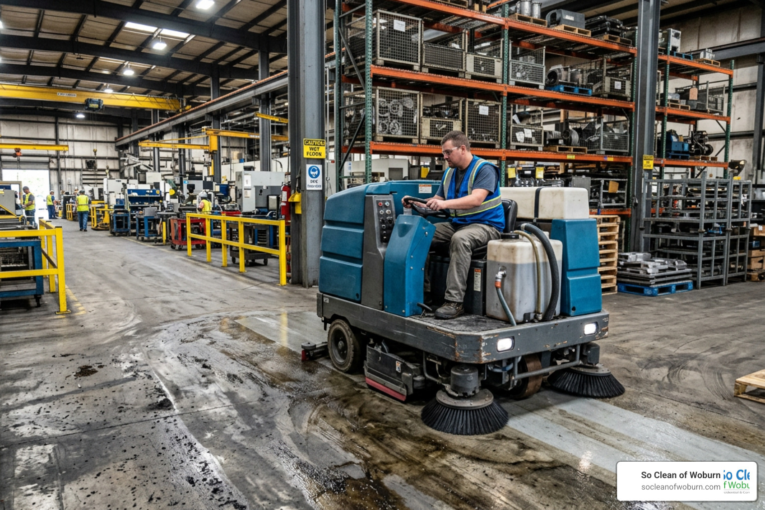 industrial floor scrubber cleaning grease from a warehouse floor industrial floor scrubber cleaning grease from a warehouse floor