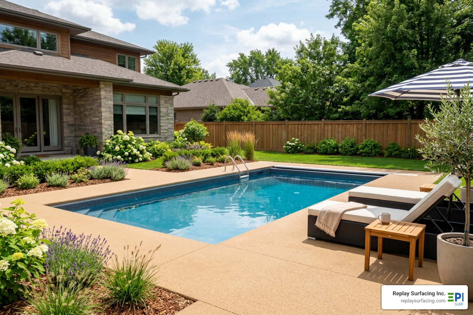 A beautiful, slip-resistant rubber pool deck surrounding a modern residential pool