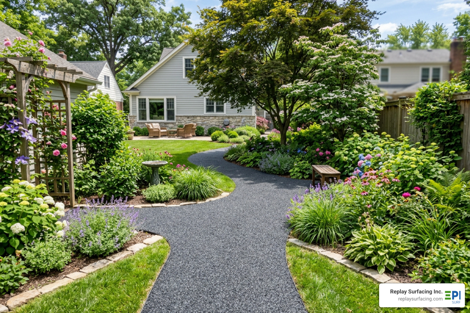 A seamless, recycled rubber walkway winding elegantly through a residential garden