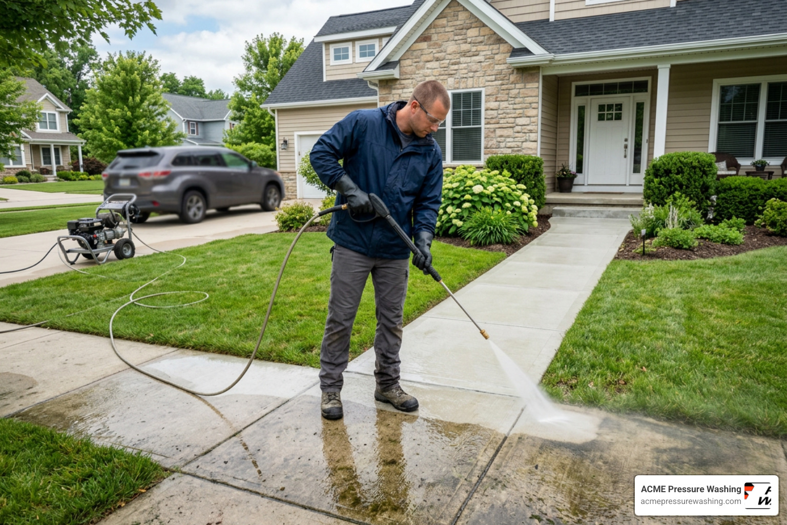 Professional technician pressure washing a concrete walkway to restore its bright, clean appearance