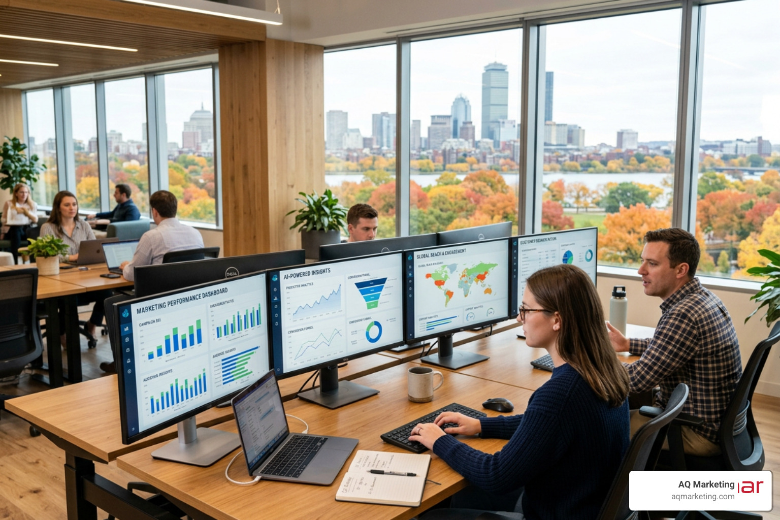 Modern workspace in New England featuring AI-powered marketing dashboards