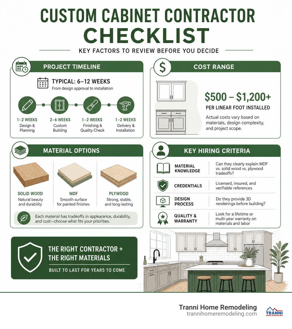 Custom cabinet contractor checklist infographic showing timeline, cost range, material options, and key hiring criteria