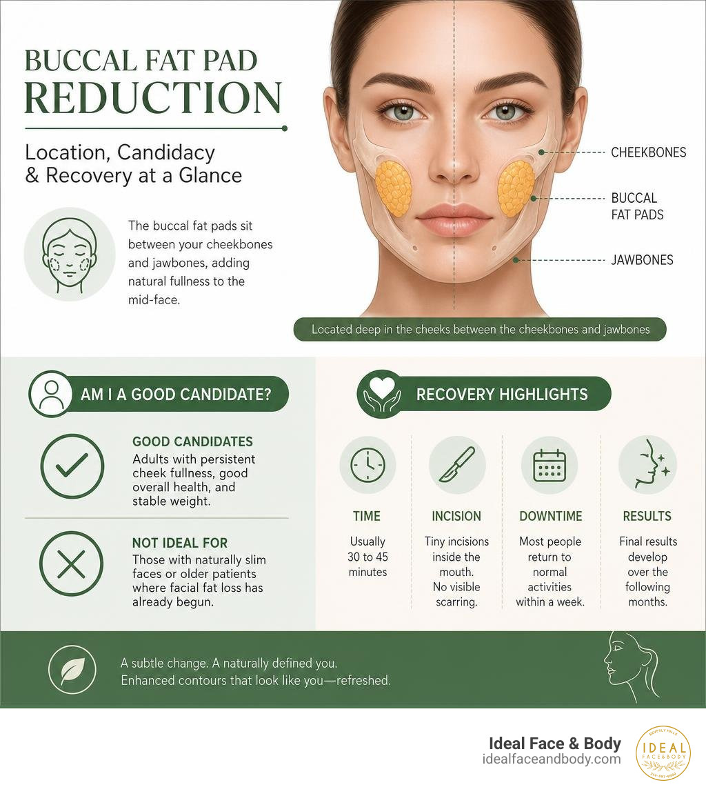 Infographic showing buccal fat pad location between cheekbones and jawbones with candidacy and recovery highlights Infographic showing buccal fat pad location between cheekbones and jawbones with candidacy and recovery highlights
