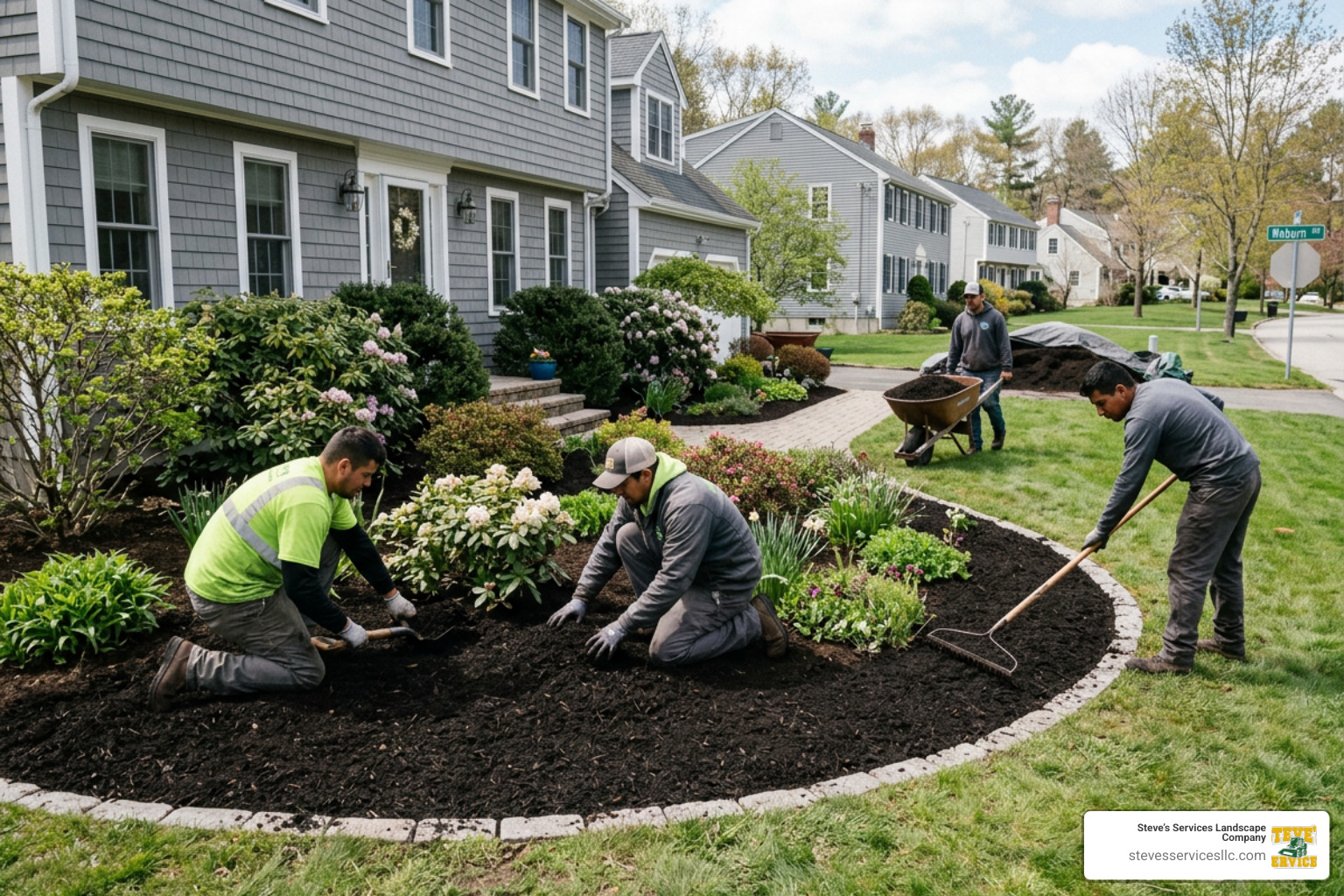Professional landscape crew applying premium dark bark mulch to a residential garden bed in Woburn MA Professional landscape crew applying premium dark bark mulch to a residential garden bed in Woburn MA