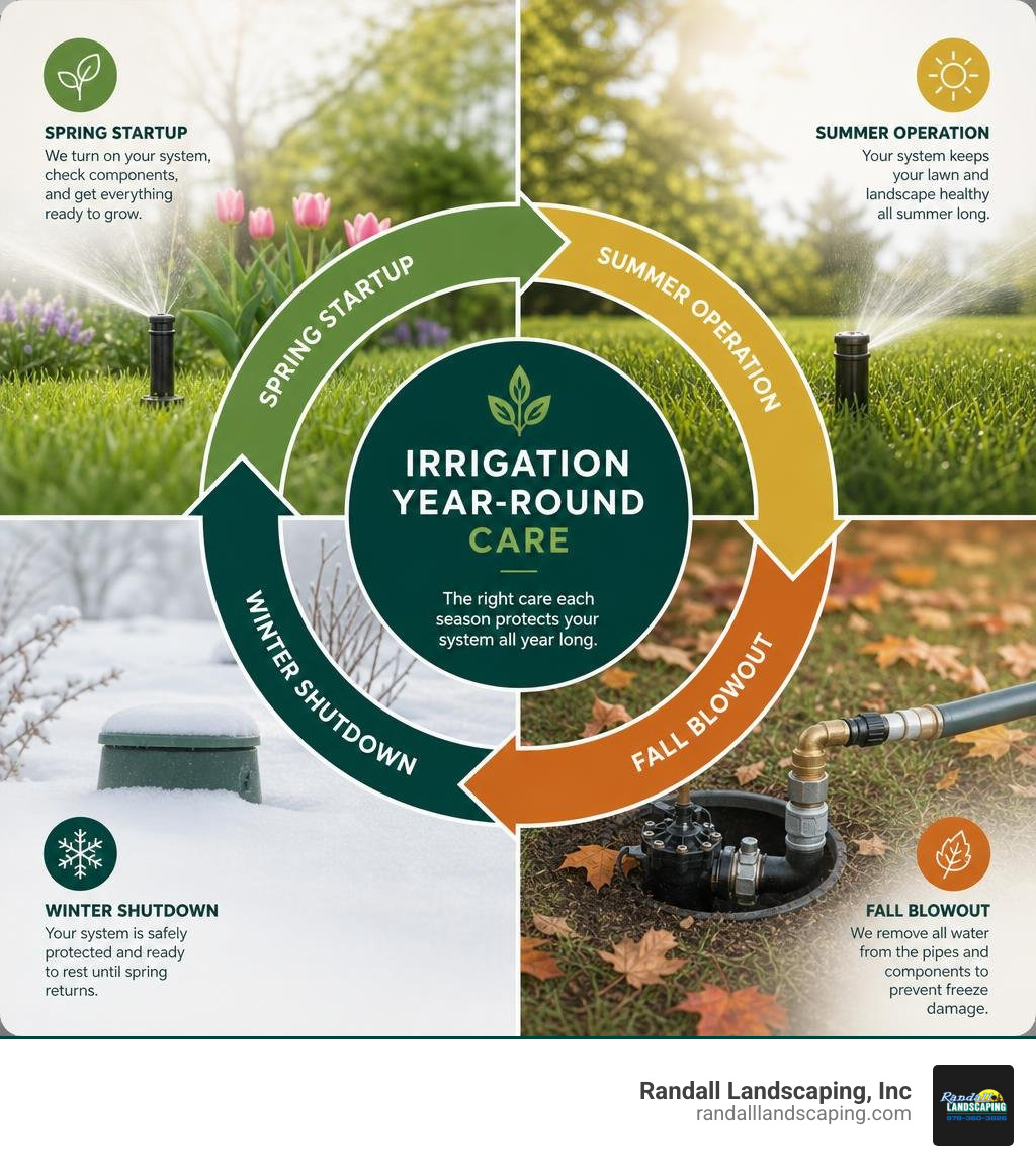 Seasonal irrigation cycle infographic showing spring startup, summer operation, fall blowout, and winter shutdown infographic Seasonal irrigation cycle infographic showing spring startup, summer operation, fall blowout, and winter shutdown infographic