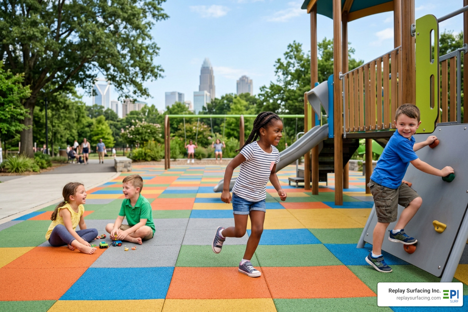 Children playing safely on a vibrant, non-toxic rubber tile playground surface in Charlotte, NC Children playing safely on a vibrant, non-toxic rubber tile playground surface in Charlotte, NC