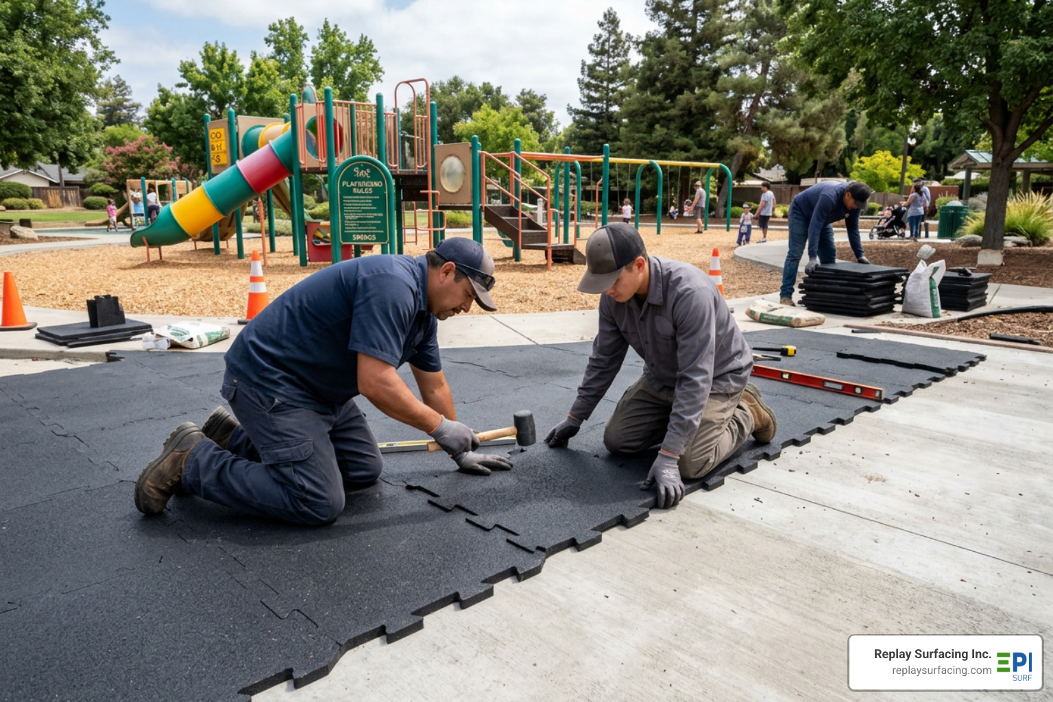 Professional installers laying interlocking non-toxic rubber tiles on a prepared concrete sub-base Professional installers laying interlocking non-toxic rubber tiles on a prepared concrete sub-base