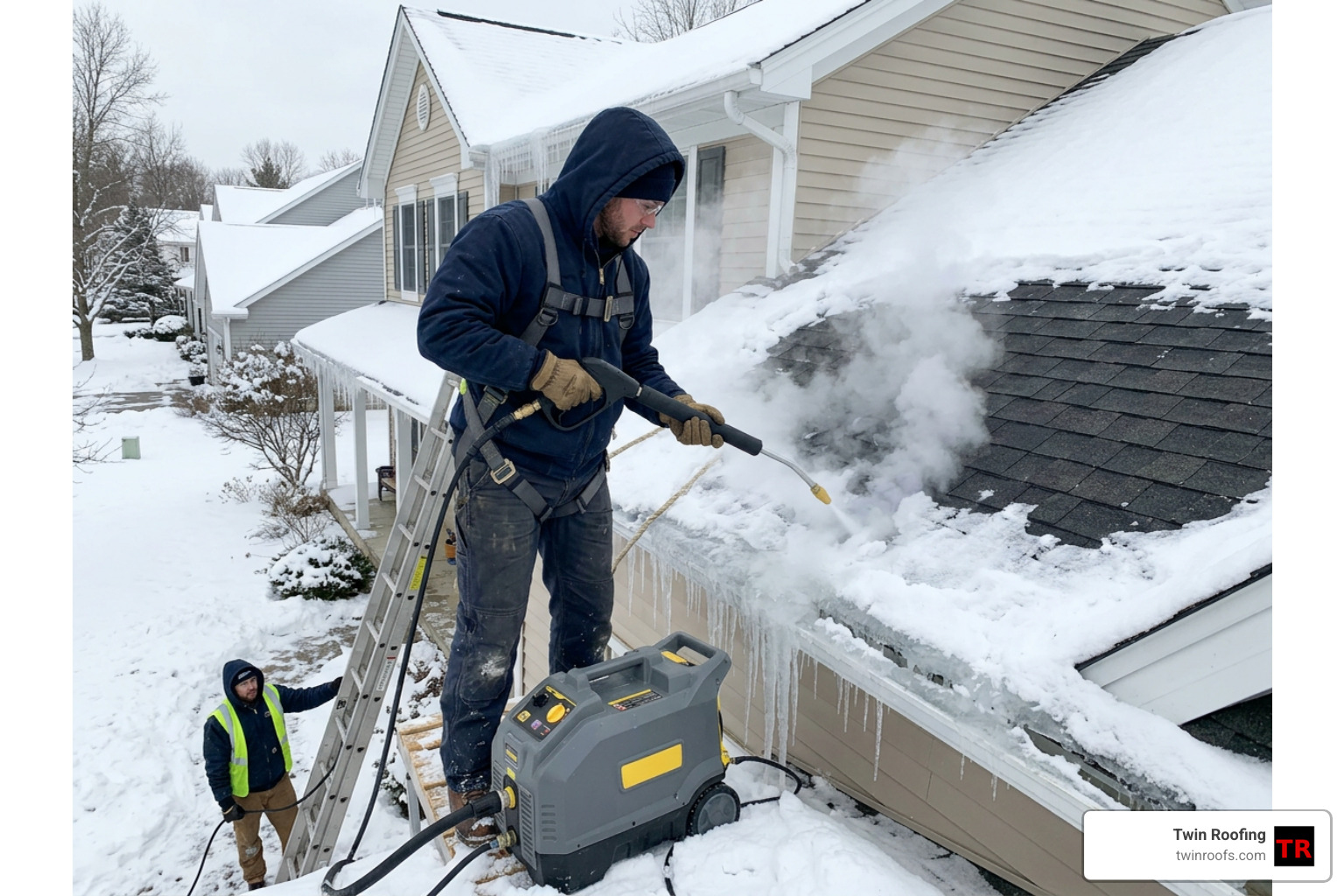 professional technician using steam machine to clear ice dam safely professional technician using steam machine to clear ice dam safely