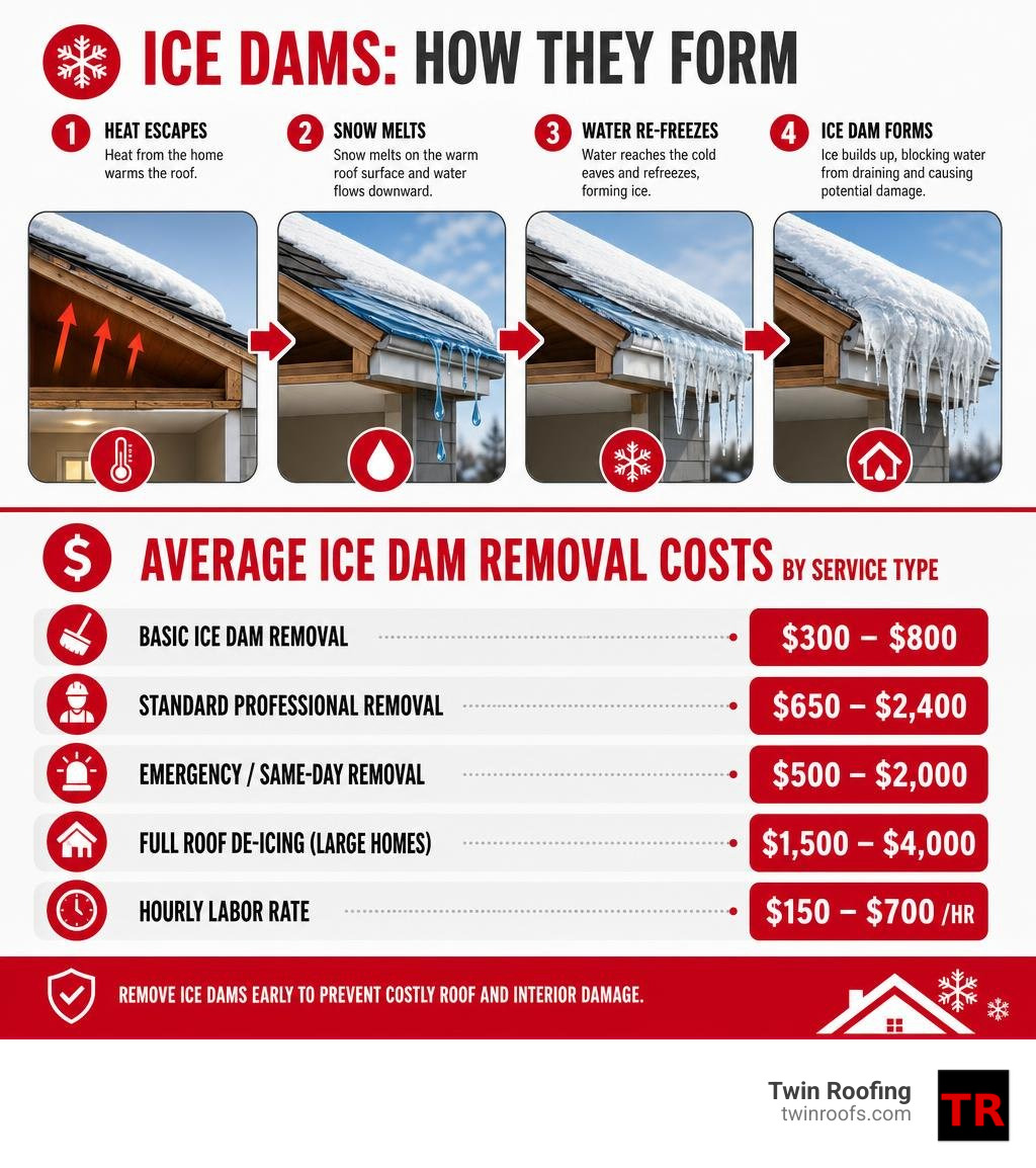 infographic showing ice dam formation stages and average removal costs by service type infographic infographic showing ice dam formation stages and average removal costs by service type infographic