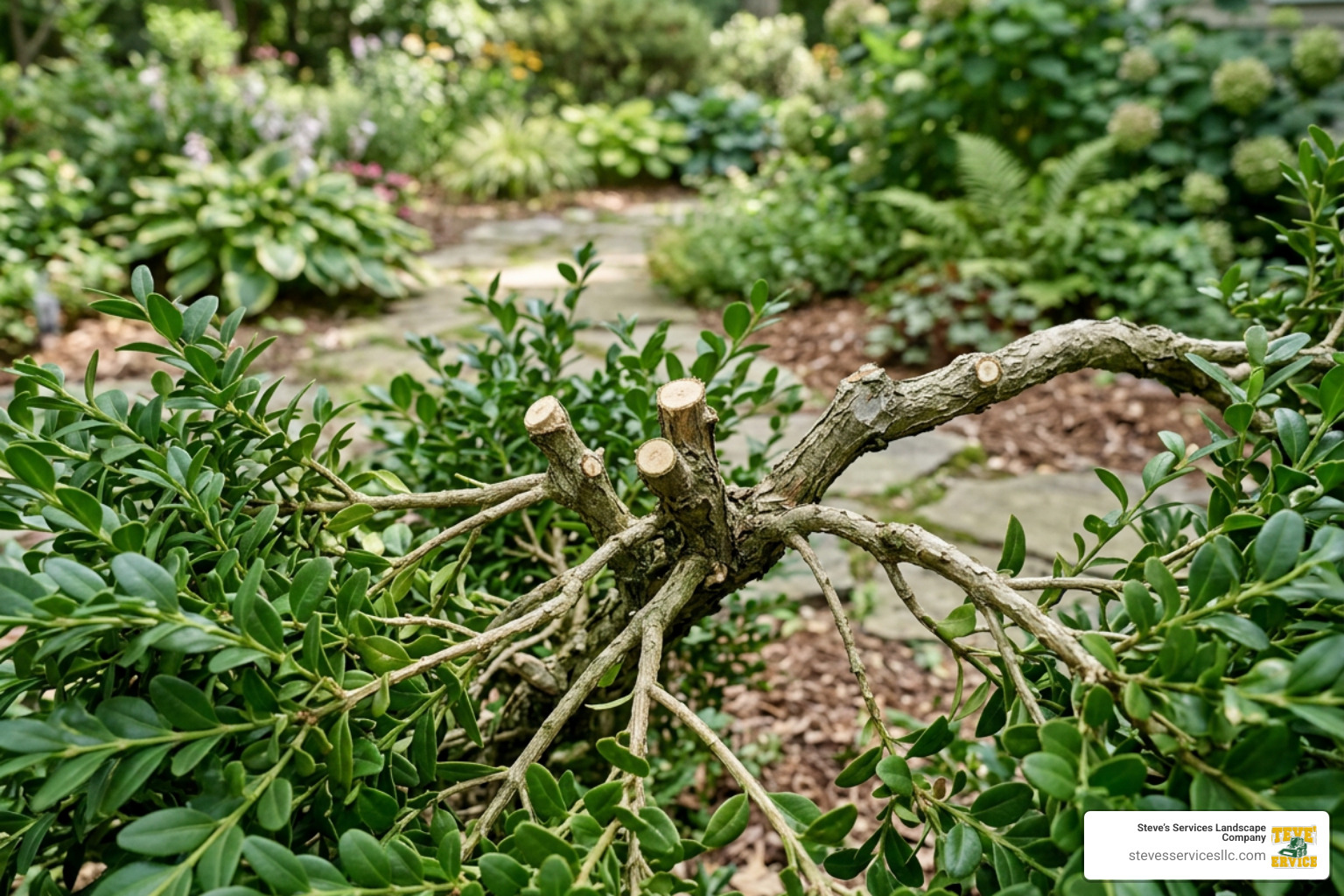 A close-up view of interior thinning cuts on a boxwood branch to improve air circulation A close-up view of interior thinning cuts on a boxwood branch to improve air circulation