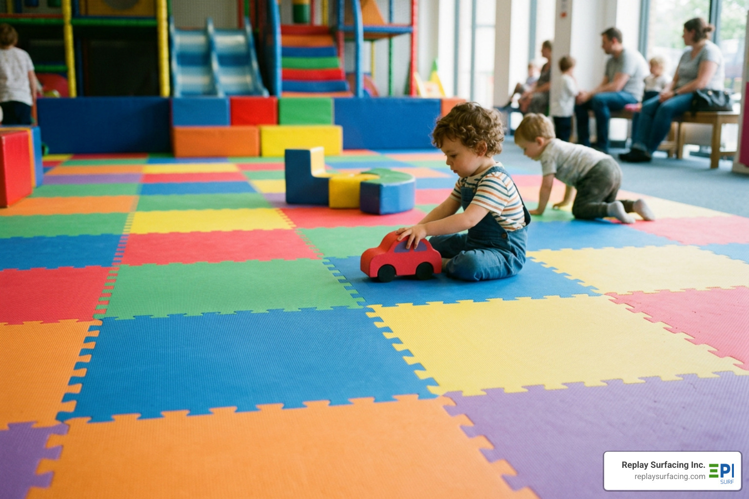 Professional layout and installation of interlocking foam tiles in a modern play space Professional layout and installation of interlocking foam tiles in a modern play space