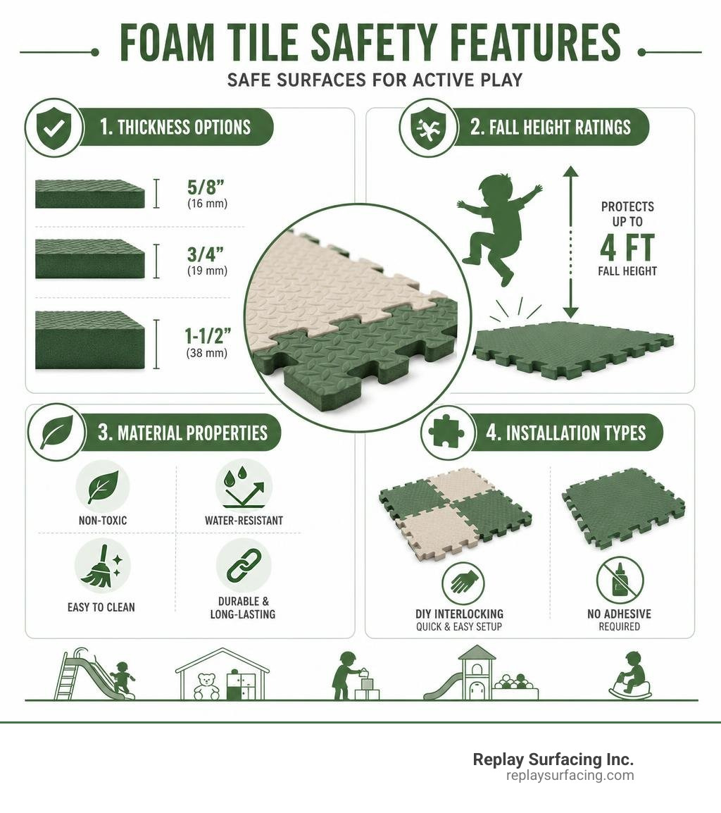 Infographic showing foam tile safety features: thickness options, fall height ratings, material properties, and installation Infographic showing foam tile safety features: thickness options, fall height ratings, material properties, and installation