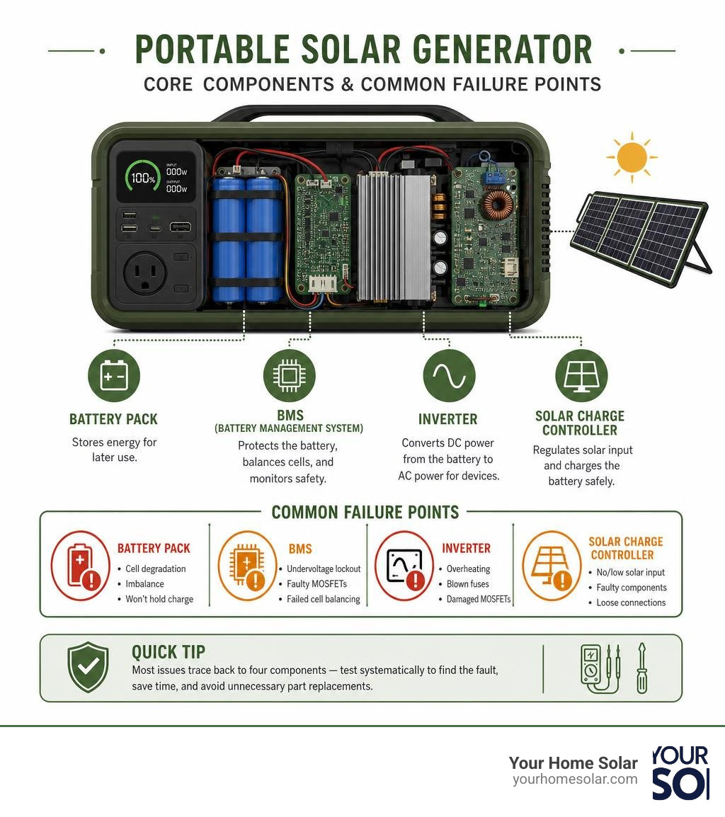 Core components of a portable solar generator and common failure points by component infographic Core components of a portable solar generator and common failure points by component infographic