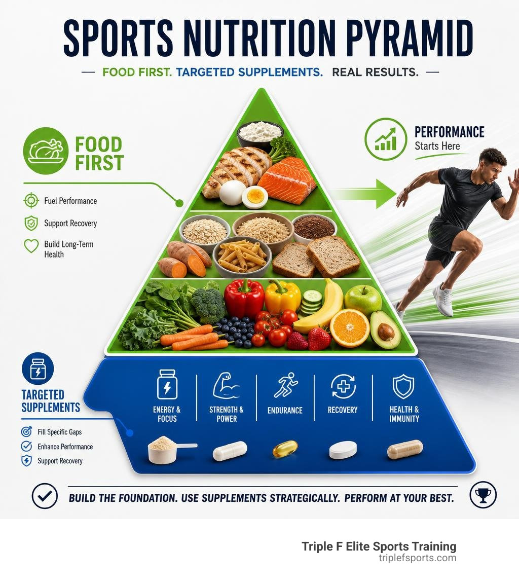 Sports nutrition pyramid showing food first then targeted supplements infographic Sports nutrition pyramid showing food first then targeted supplements infographic