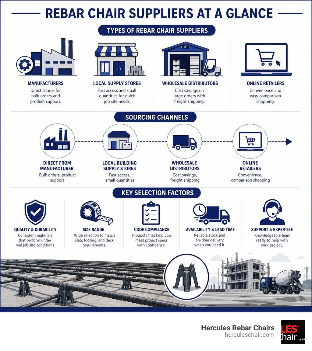 Infographic showing types of rebar chair suppliers, sourcing channels, and key selection factors infographic