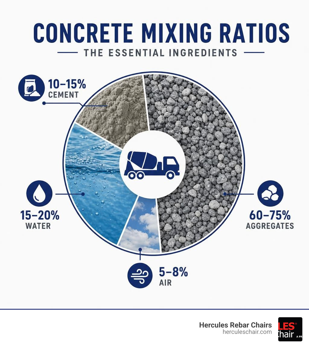 Infographic showing concrete mixing ratios: 10-15% cement, 60-75% aggregates, 15-20% water, 5-8% air infographic Infographic showing concrete mixing ratios: 10-15% cement, 60-75% aggregates, 15-20% water, 5-8% air infographic