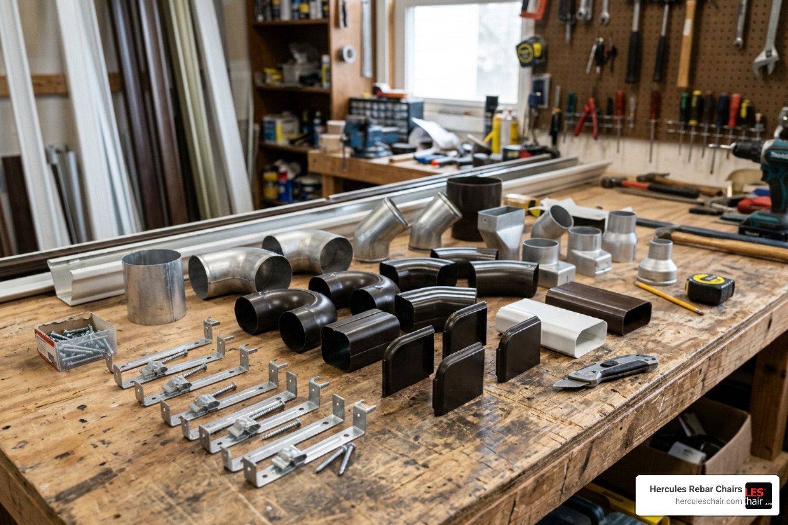 A detailed layout of various gutter accessories including elbows, hangers, end caps, and outlets A detailed layout of various gutter accessories including elbows, hangers, end caps, and outlets